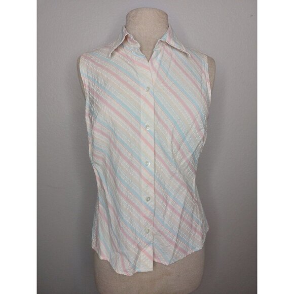 Lands End Women 10 Petite Sleeveless Collar Button Down Blouse Pastel Seersucker - Picture 1 of 16